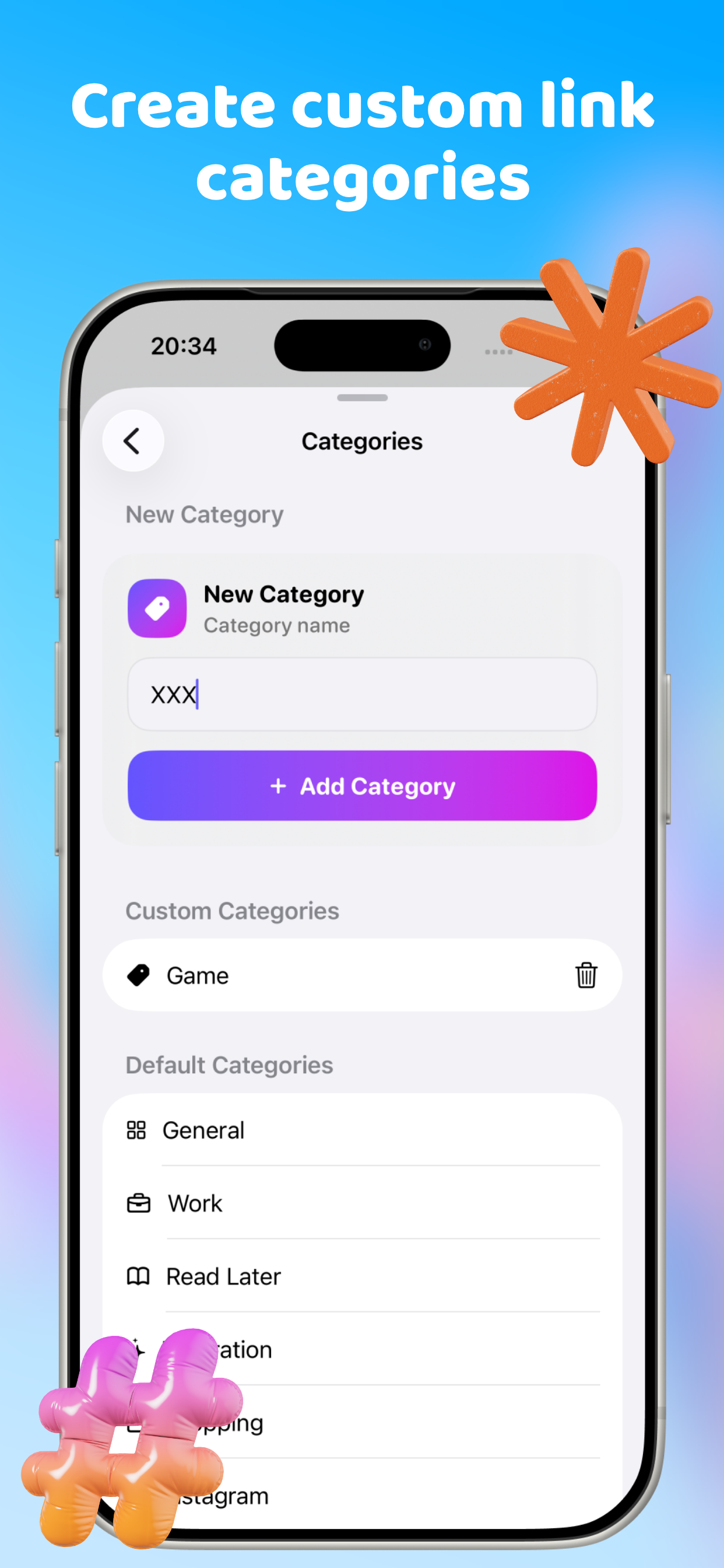 Linkeep custom categories screen